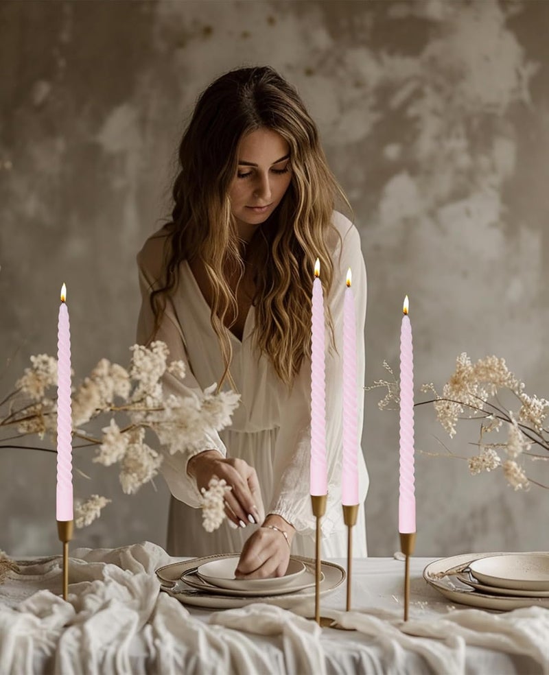 LPUSA Light Pink Tall Taper Candles Spiral Candle Sticks,Unscented Pastel Candle for Holiday,Wedding and Home Decoration,10inch,12 Pack(E-Light Pink) - Image 4
